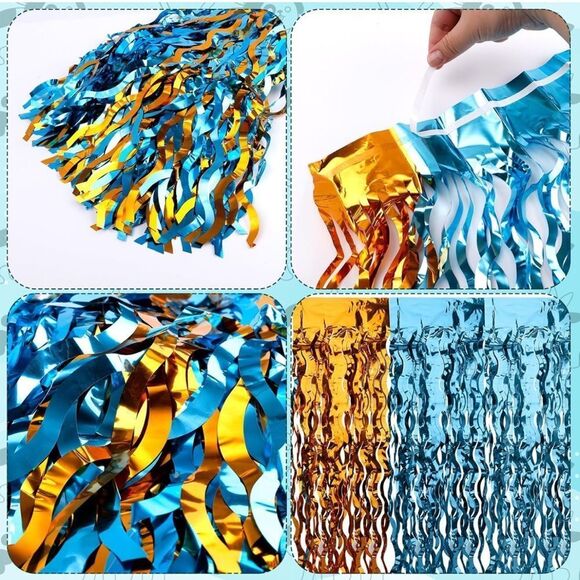 NWT 2 Pack Tinsel Foil Fringe Table Skirt, 108.3 x 29.5” Blue Orange Wavy Party - Picture 5 of 9